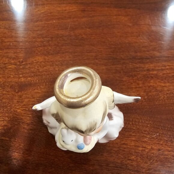 Vintage Ceramic Angel Figurine With Gold-tone Halo & Bunny - Picture 5 of 6